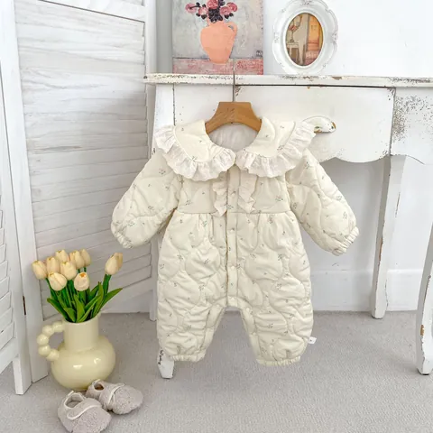 Baby Girl Winter Floral Quilted Romper Thickened Fleece Lined Jumpsuit With Lace Lapel Sweet Infant Warm One Piece Outfit