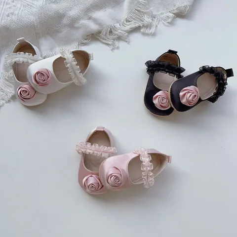 Baby Girl Princess Mary Jane Shoes Satin Rose Flower Lace Ruffle Soft Sole Prewalker Infant Toddler Walking Shoes Party Pink White Black