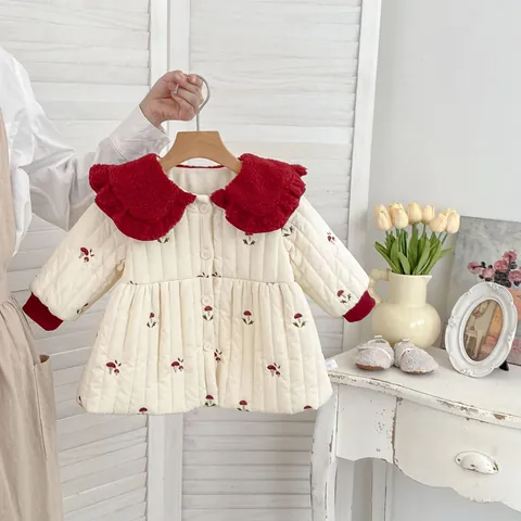 Abito Imbottito Invernale da Bimba Trapuntato con Ricamo a Fungo e Collo in Sherpa Rosso Cappotto Caldo per Neonati