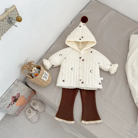 Conjunto De Invierno Para Bebé Con Chaqueta Acolchada Y Pantalones De Pana Acampanados Estampado De Luna Y Estrellas Con Capucha