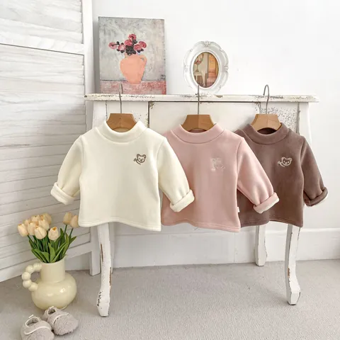 Maglia Intima Bambini Invernale Foderata in Pile Calda Manica Lunga con Ricamo Orso Collo Alto Abbigliamento Basic