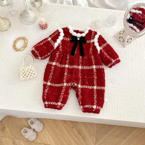 Barboteuse Bébé Fille Noël à Carreaux Bordure Fausse Fourrure Nœud Combinaison en Tweed Hiver Nouvel An