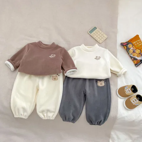 Maglia Intima Bambini Invernale Foderata in Pile Calda Manica Lunga con Ricamo Orso Collo Alto Abbigliamento Basic