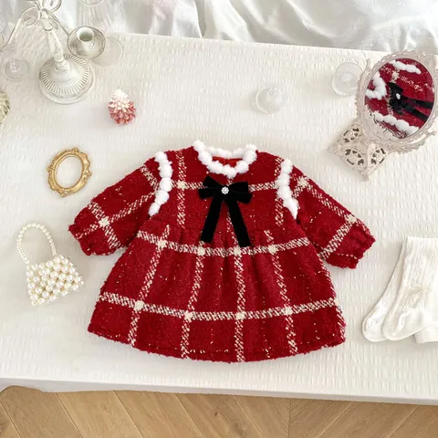 Girls Little Fragrance Red Plaid Tweed Dress Faux Fur Collar Bow Christmas Princess Thickened Velvet Warm Winter Dress