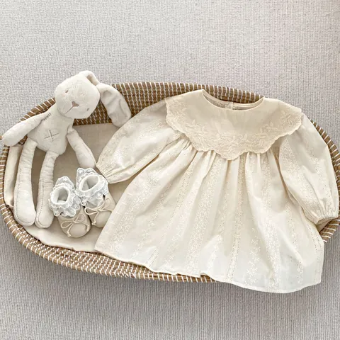 Girls Sweet Lace Collar Long Sleeve Floral Embroidery Cotton Princess Dress Vintage Cream White Everyday Dresses For Kids