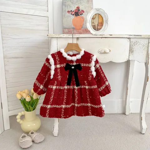 Girls Little Fragrance Red Plaid Tweed Dress Faux Fur Collar Bow Christmas Princess Thickened Velvet Warm Winter Dress