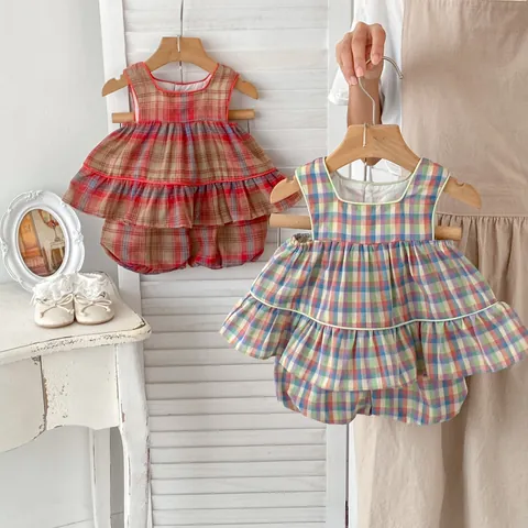 Baby Girls Summer Cotton Gingham Tank Top And Bloomers Shorts Two Piece Clothing Set Korean Style Toddler Ruffle Outfit