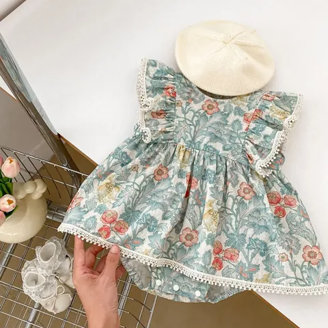 Baby Girl Floral Flutter Sleeve Bodysuit Cotton Sweet Summer Jumpsuit Romper Dress With Pom Pom Trim For Toddler Infant