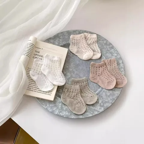 Baby Mesh Breathable Socks Combed Cotton Ultra Thin Summer Socks For Infants Toddlers Soft Solid Color Grid Pattern Hosiery