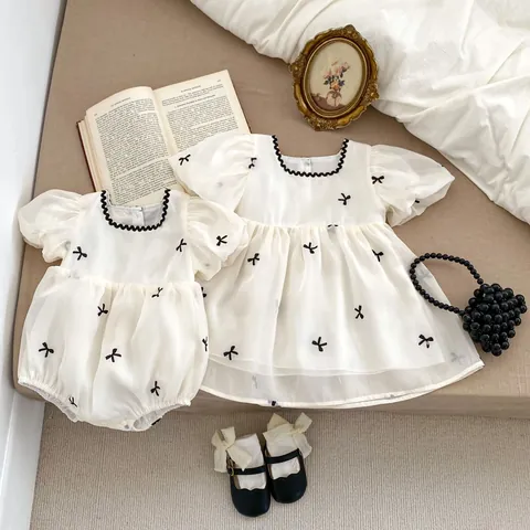 Baby Girls Sweet Bowknot Puff Sleeve Romper Dress Set Vintage French Style Cotton Summer Outfits Infants Toddlers