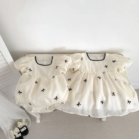 Baby Girls Sweet Bowknot Puff Sleeve Romper Dress Set Vintage French Style Cotton Summer Outfits Infants Toddlers
