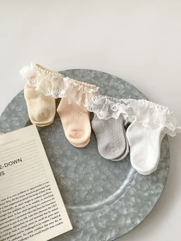 Toddler Girls Lace Ruffle Socks Breathable Combed Cotton Mesh Crew Socks With Flower Embroidery Princess Style Dress Socks