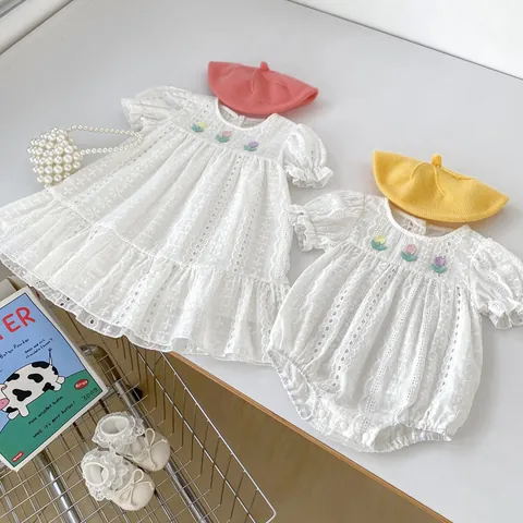 Baby Girls Cotton Hollow Out Lace Bodysuit Romper Dress With Tulip Embroidery Ruffle Short Sleeve Infant Toddler Sweet French Style Summer Clothing