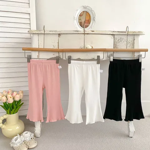 Toddler Girl Ribbed Cotton Bell Bottom Pants With Lettuce Edge Summer Breathable Solid Color Flare Trousers Casual Kids Leggings