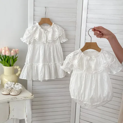Baby Girls White Lace Embroidery Romper Dress Floral Ruffle Collar Summer Short Sleeve Bodysuit Princess Clothes Toddler
