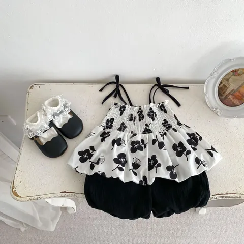 Baby Girl Summer Cotton Floral Sling Top And Bloomers Shorts Two Piece Clothing Set Korean Style Comfortable Infant Outfit