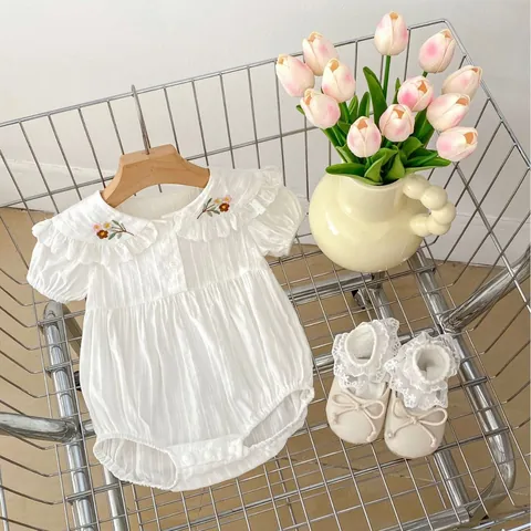 Baby Girl Summer Cotton Romper Floral Embroidery Peter Pan Collar Short Sleeve Bodysuit Sweet Ruffle Infant Jumpsuit