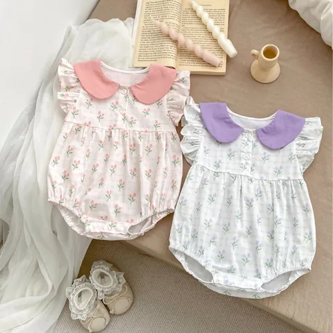 Infant Baby Girl Floral Romper Peter Pan Collar Flutter Sleeve Cotton Bodysuit Summer Tulip Print Jumpsuit