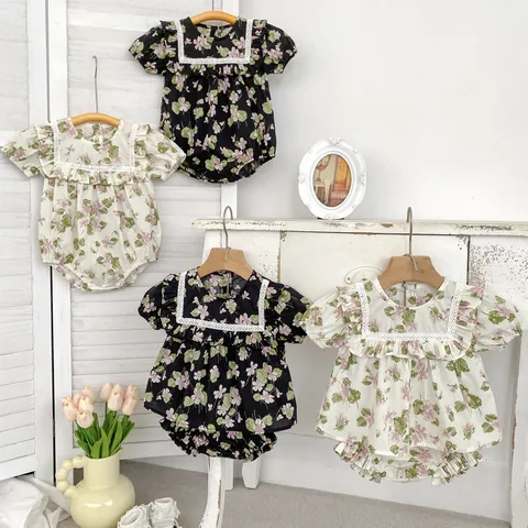 Baby Girl Floral Short Sleeve Bodysuit Sweet Cotton Romper With Lace Ruffle For Infant Summer Top And Pants Casual Clothing