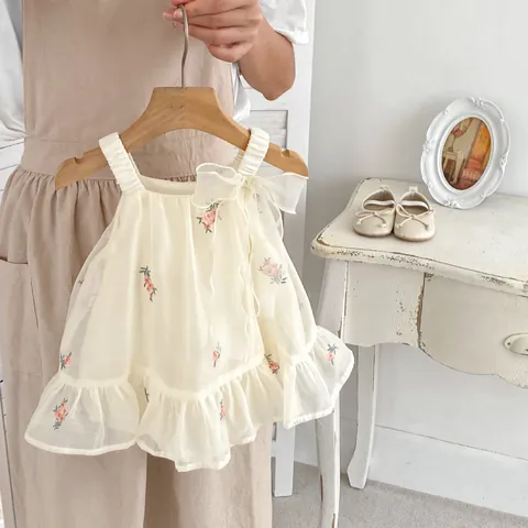 Baby Girl Floral Embroidery Bow Romper Dress Mesh Ruffle Sleeveless Princess Bodysuit For Birthday Party Summer Outfits