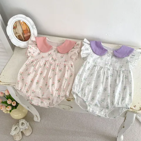 Infant Baby Girl Floral Romper Peter Pan Collar Flutter Sleeve Cotton Bodysuit Summer Tulip Print Jumpsuit