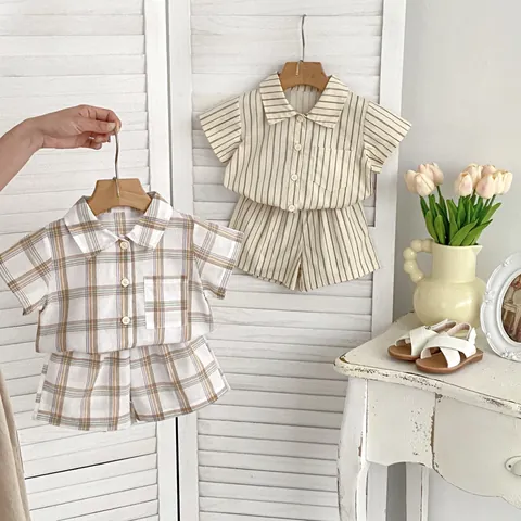 Boys Summer Clothing Plaid Stripes Short Sleeve Button Top And Shorts Two Pieces Outfit Casual Retro Toddler Outing Clothes
