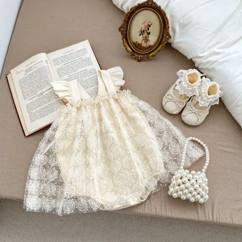 Baby Girls 3D Rose Flower Mesh Romper Dress Ruffle Flutter Sleeve Princess Bodysuit Infant Birthday Party Tutu Outfit