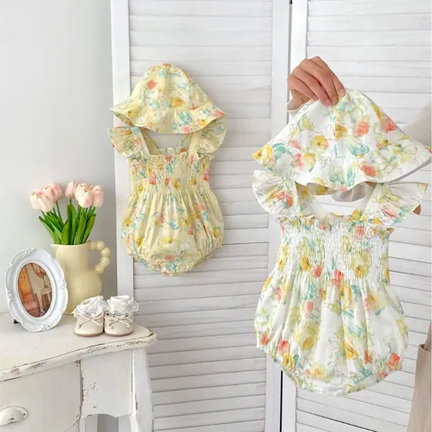 Baby Girl Summer Floral Romper With Hat Cotton Flying Sleeve Smocked Bodysuit Infant Sweet Outfits Clothing