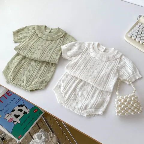 Baby Mädchen Sommer Strick Hollow Out Set Lotosblatt Kragen Kurzarm Top Und Shorts Zweiteiler Baumwolle Säugling Outfit