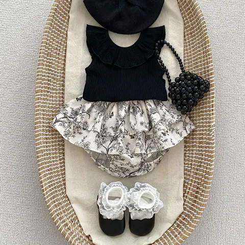 Camiseta de Punto Acanalado sin Mangas con Volantes para Bebé Niña y Pantalones de Falda con Estampado Floral de Algodón