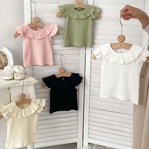 Baby Girls Ribbed Cotton T-Shirt Ruffle Collar Flutter Sleeve Solid Color Floral Print Summer Infant Toddler Top And Bloomers