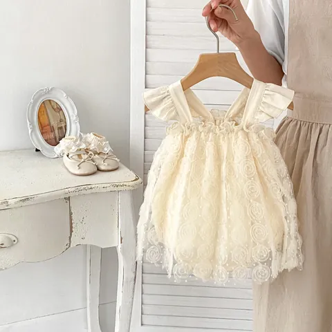 Baby Girls 3D Rose Flower Mesh Romper Dress Ruffle Flutter Sleeve Princess Bodysuit Infant Birthday Party Tutu Outfit