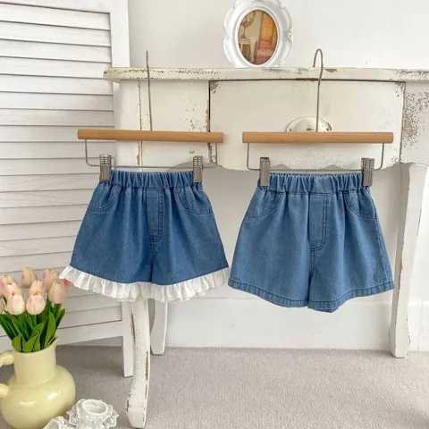 Korean Style Baby Girls Denim Shorts Lace Trim Solid Color Soft Cotton Denim Toddler Kids Summer Shorts