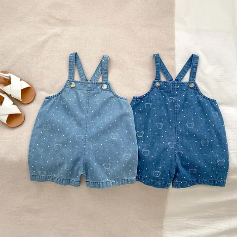 Baby Cotton Denim Overalls Romper Bear Rabbit Printed Short Sleeve T-Shirt Casual Summer Infant Kids Clothing