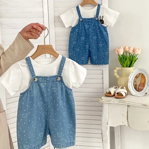 Baby Cotton Denim Overalls Romper Bear Rabbit Printed Short Sleeve T-Shirt Casual Summer Infant Kids Clothing