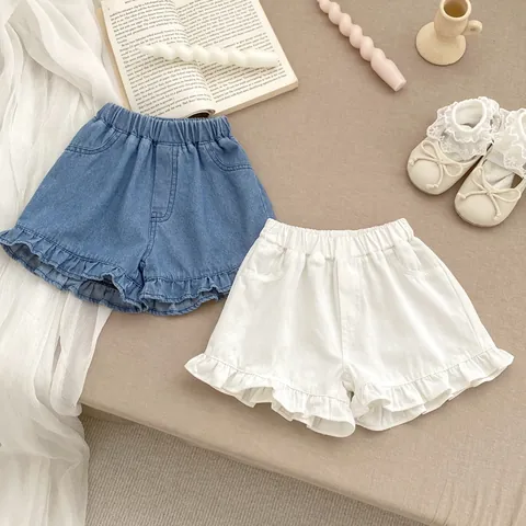 Toddler Baby Girls Summer Denim Shorts Soft Cotton Ruffle Edge Solid Color Elastic Waist Jeans Shorts For Kids