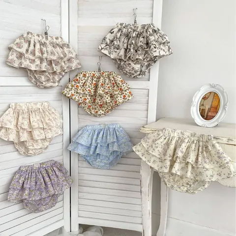 Baby Girl Floral Ruffled Bloomers Cotton Bread Pants Layered Cake Skirt Short Sleeve Sleeveless Tank Tops Set Summer Infant Clothes