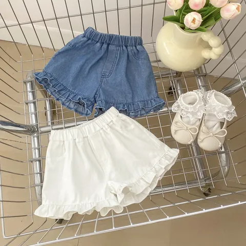 Toddler Baby Girls Summer Denim Shorts Soft Cotton Ruffle Edge Solid Color Elastic Waist Jeans Shorts For Kids