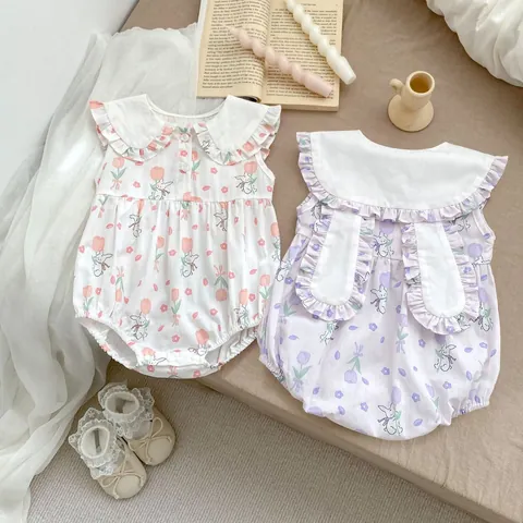 Pagliaccetto Neonato Bambina in Cotone Senza Maniche Con Orecchie di Coniglio Colletto Peter Pan Stampa Tulipani