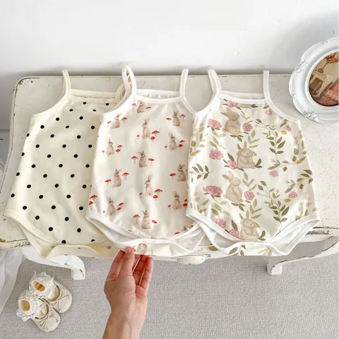 Baby Girls Summer Sleeveless Cotton Romper Cute Rabbit Polka Dot Mushroom Printed Camisole Bodysuit Soft Breathable Infant Clothes