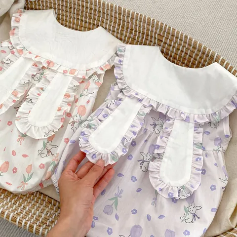 Pagliaccetto Neonato Bambina in Cotone Senza Maniche Con Orecchie di Coniglio Colletto Peter Pan Stampa Tulipani