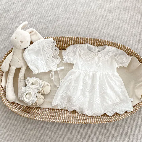 Baby Girl 3-Piece Clothing Set Cotton Floral Embroidery Romper Dress With Hat And Shoes Vintage Princess Infant Outfit
