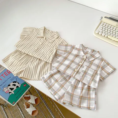 Boys Summer Clothing Plaid Stripes Short Sleeve Button Top And Shorts Two Pieces Outfit Casual Retro Toddler Outing Clothes