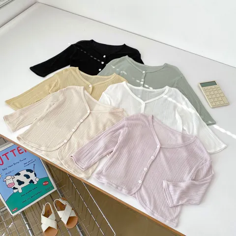 Toddler Baby Summer Lightweight Sun Protection Clothing V Neck Ribbed Knit Cardigan Long Sleeve Jacket For Girls Boys Outing