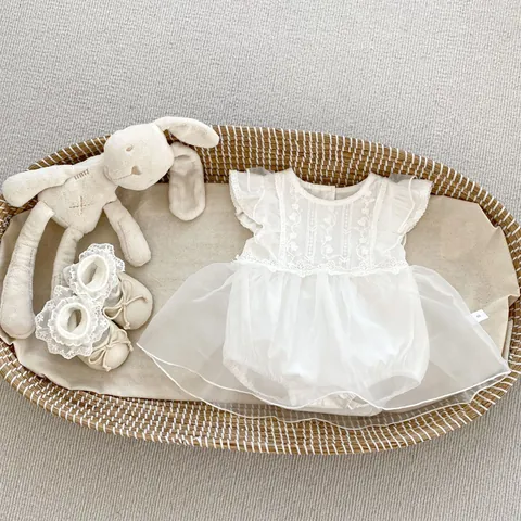 Body de Bebé Niña Blanco con Bordado Floral de Encaje Vestido de Princesa de Tul de Algodón Suave Ropa de Verano para Bautizo Fiesta