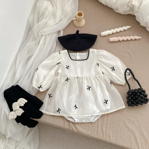Baby Girl Princess Long Sleeve Romper Dress Cotton Mesh Bow Embroidery Bodysuit Spring Autumn Infant Jumpsuit Outfit