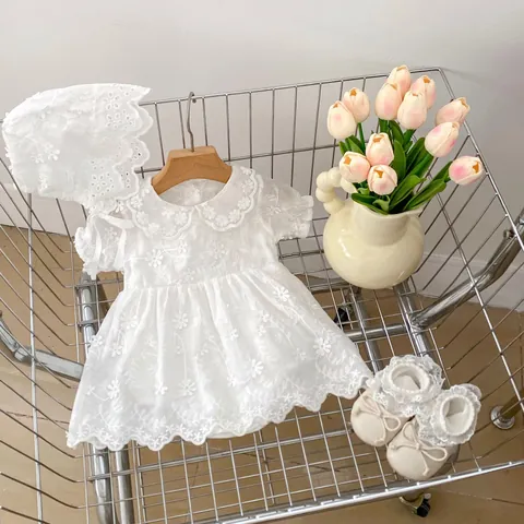 Baby Girl 3-Piece Clothing Set Cotton Floral Embroidery Romper Dress With Hat And Shoes Vintage Princess Infant Outfit