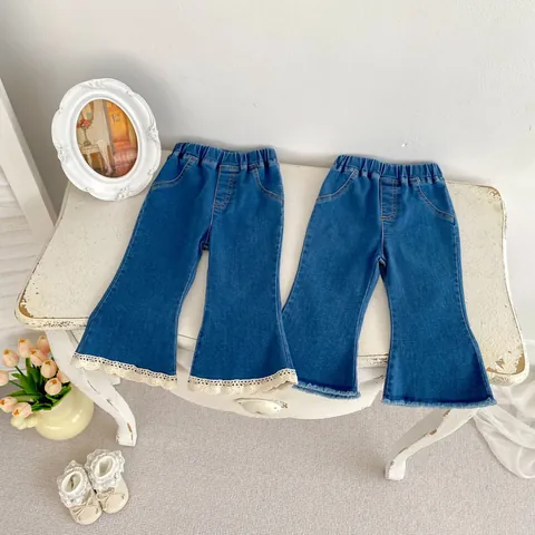 Mädchen Stilvolle Schlagjeans Koreanischer Stil Elastischer Bund Denimhosen Mit Spitzenbesatz Roher Kante Für Kleinkinder Kinder
