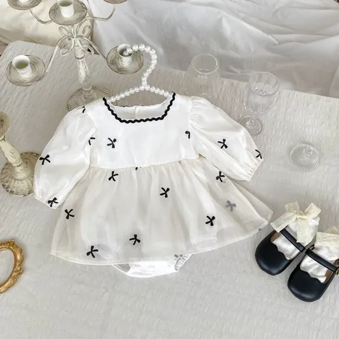Baby Girl Princess Long Sleeve Romper Dress Cotton Mesh Bow Embroidery Bodysuit Spring Autumn Infant Jumpsuit Outfit