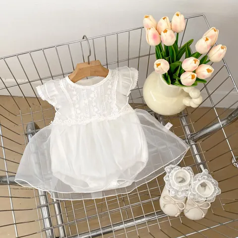Body de Bebé Niña Blanco con Bordado Floral de Encaje Vestido de Princesa de Tul de Algodón Suave Ropa de Verano para Bautizo Fiesta